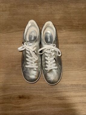 Michael Kors Silver Metallic Lace-Up Sneakers with White Laces